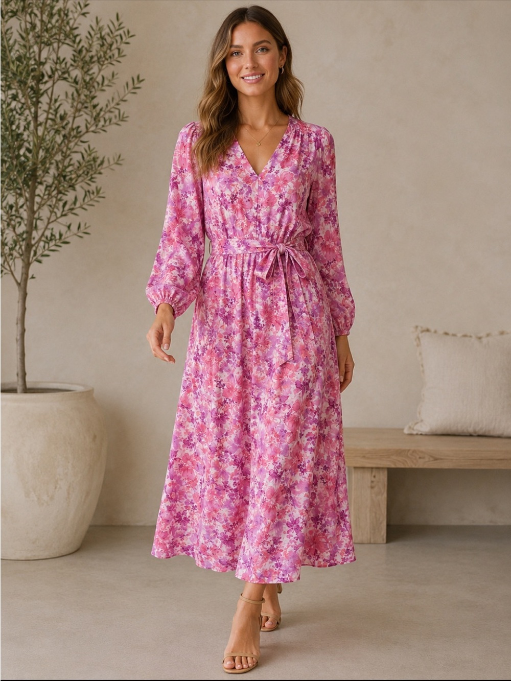 Lush Pink & Lavender Floral Tie-Waist Maxi Dress
